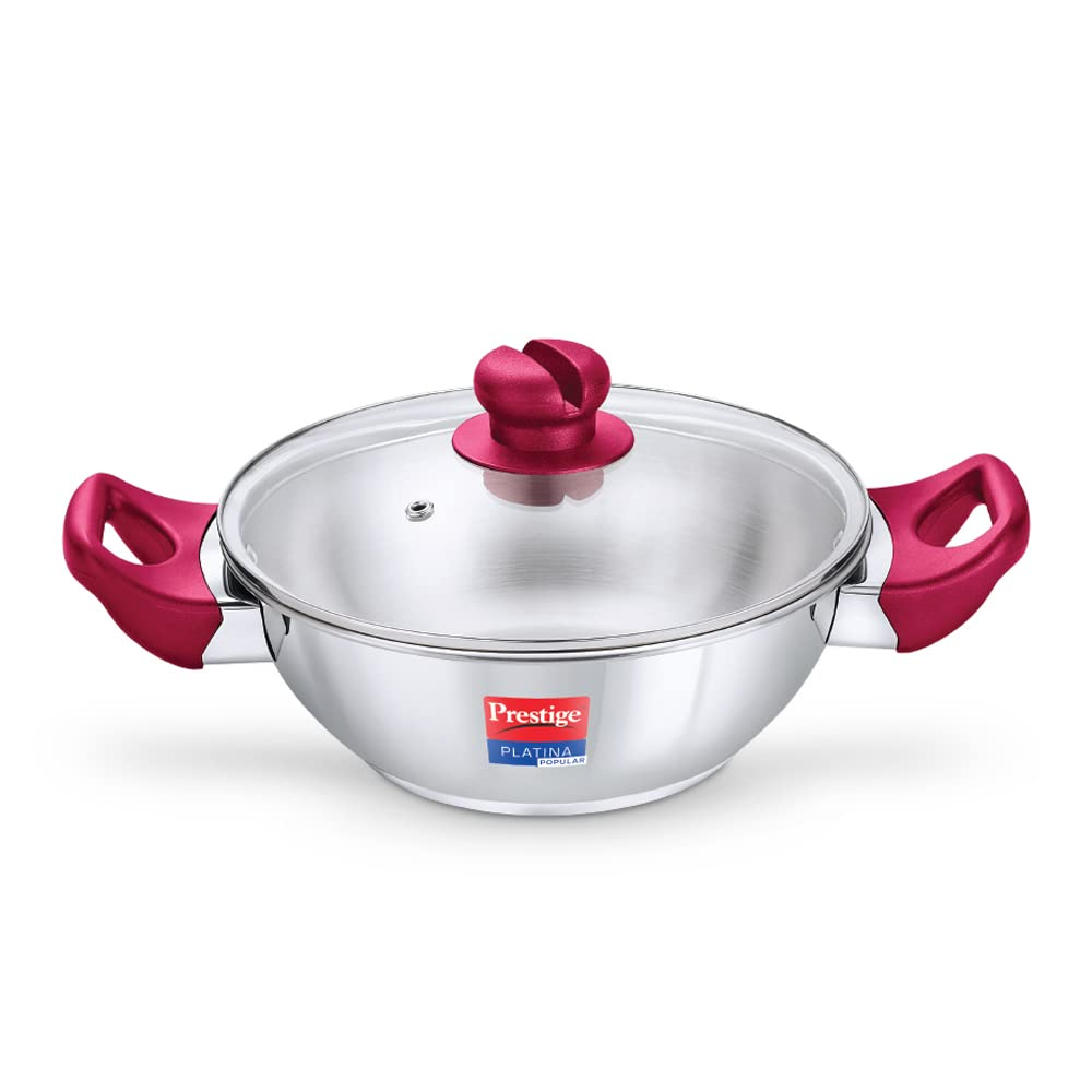 Prestige Platina Popular Stainless Steel Gas and Induction Compatible Kadhai with Glass Lid, Silver