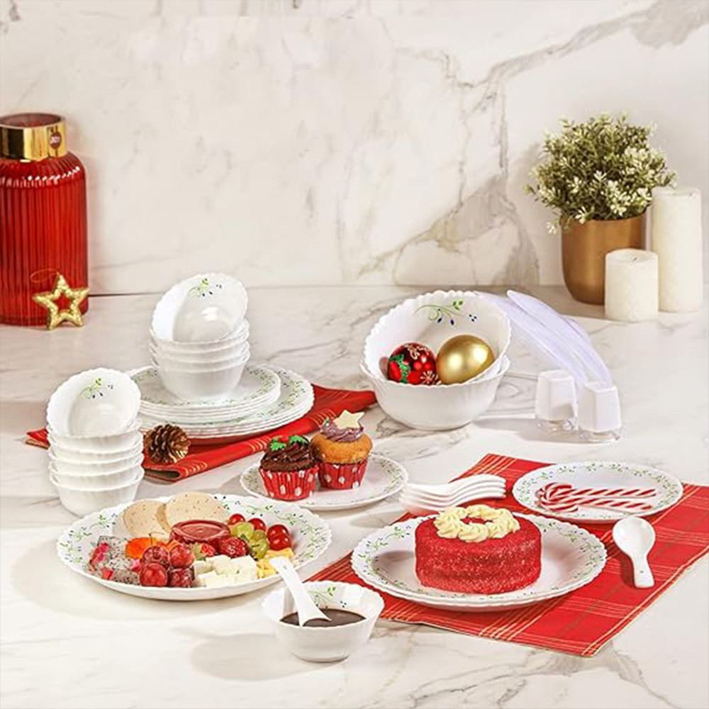Cello Opalware Dazzle Series Tropical Lagoon Dinner Set, 37 Units | Opal Glass Dinner Set for 6 | Light-Weight, Daily Use Crockery Set for Dining | White Plate and Bowl Set