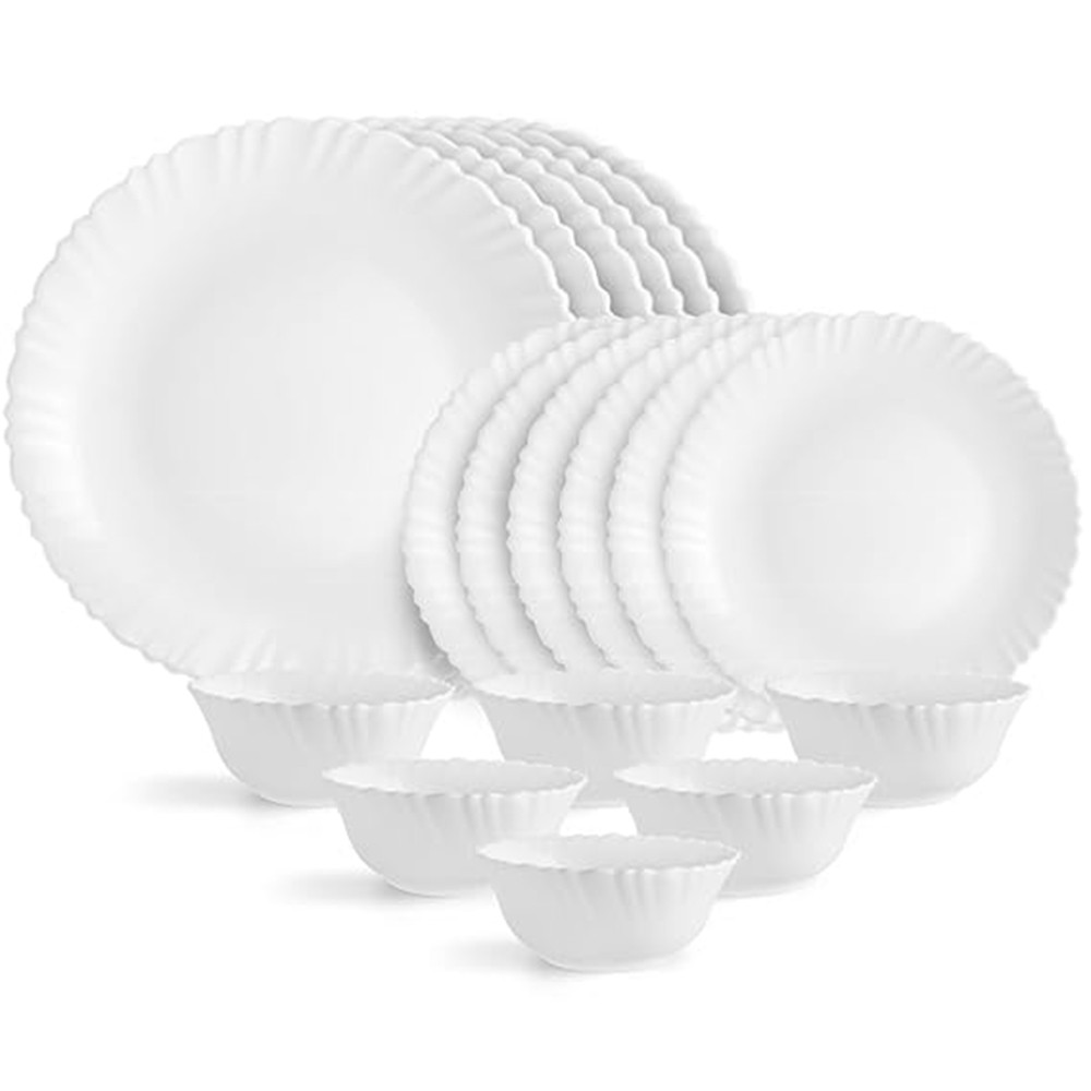 Cello Opalware Dazzle Series Plain Dinner Set, 18 Units -  Opal Glass Dinner Set for 6 - Light-Weight, Daily Use Crockery Set for Dining - White Plate and Bowl Set