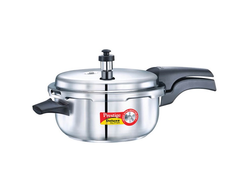 Prestige 4 & 5 Litre Svachh Deluxe Alpha Senior Pressure Pan stainless steel|Outer lid |Deep lid for spillage control|Gas & induction compatible|Silver|10 years warranty