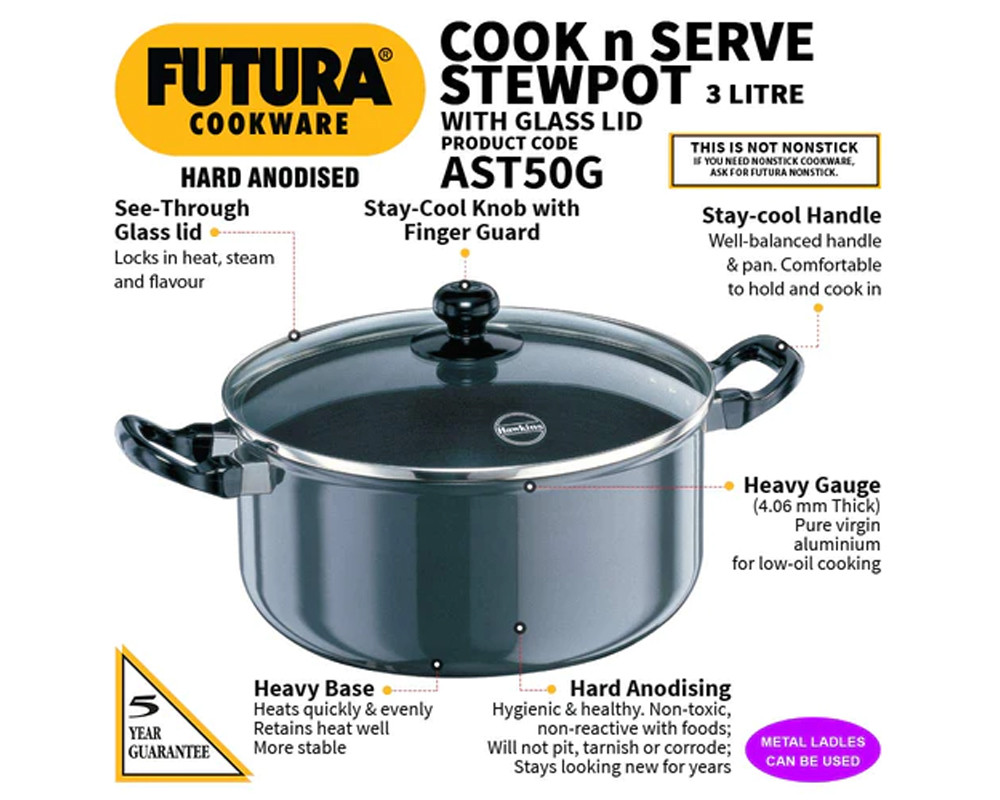 Hawkins Futura Hard Anodised Cook N Serve Casserole (Glass Lid)