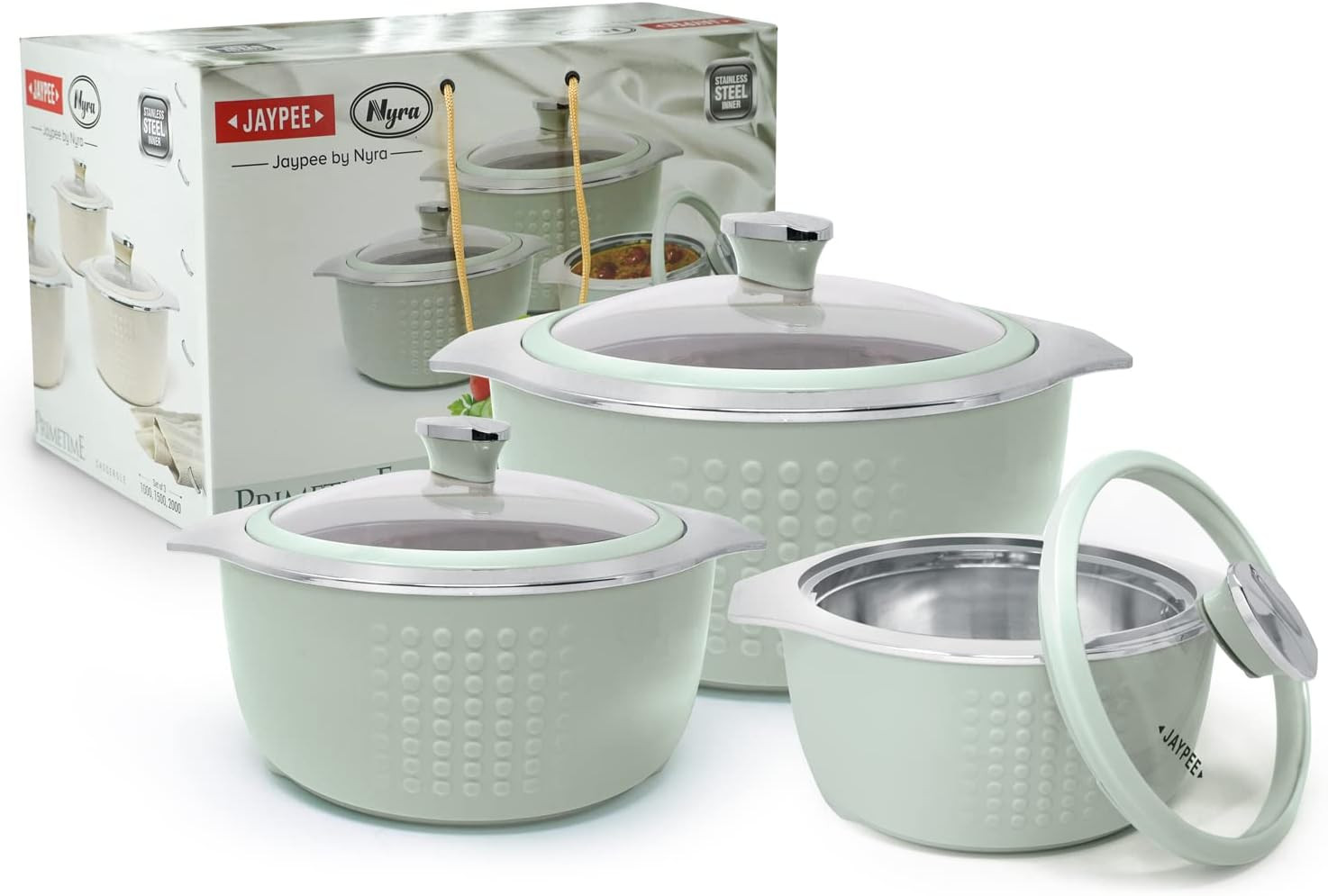 Jaypee Insulated Casserole Dishes | Serving Dishes With Glass Lid | Stainless Steel Inner | Keep Food Warm | Thermal Food Container | Hot Pot | Set of 3-1L, 1.5L, 2L -By Nyra