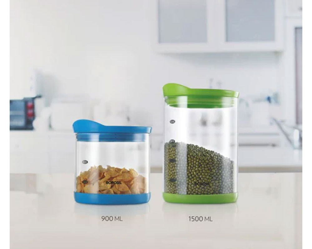 Borosil Stack N Store Glass Jar with Stackable Lid for Kitchen Storage -Silicon Grip