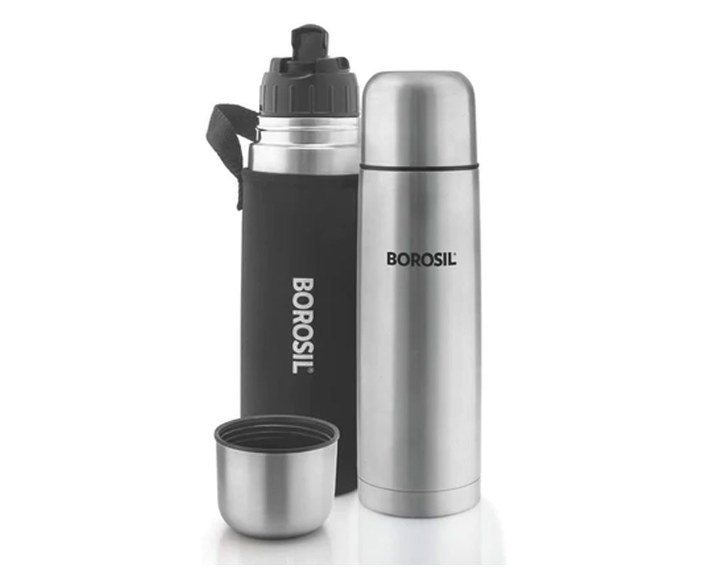Borosil Hydra Thermo Stainless Steel Flask with thermal cover, 1000 ml, Silver