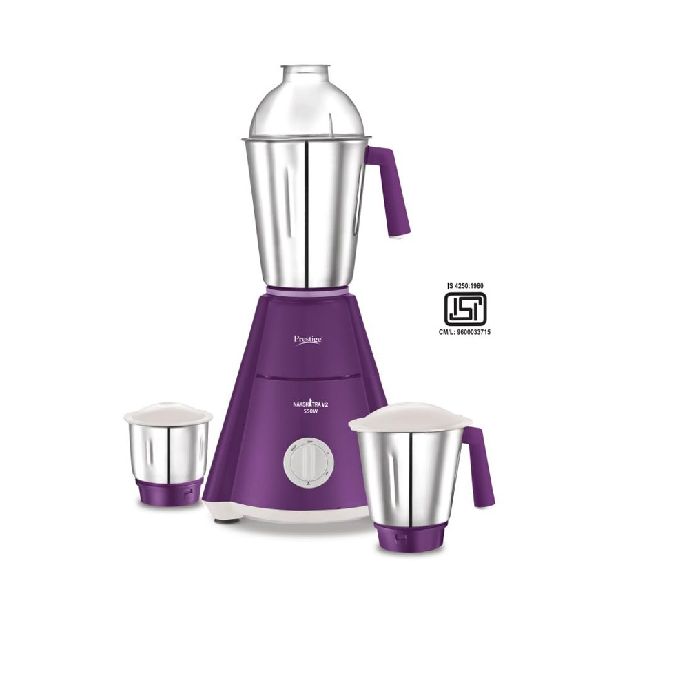 Prestige Nakshatra V2 550W Mixer Grinder with 3 Stainless Steel Jars(Purple, Dome Lid, Aluminium Jar Base)