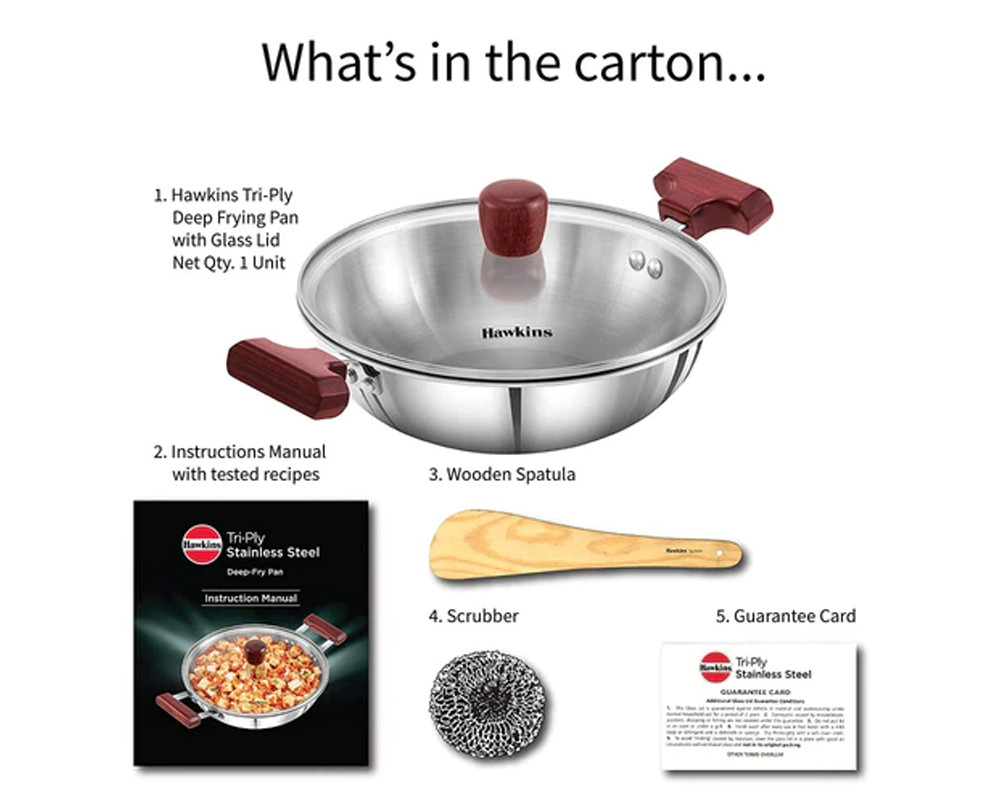 Hawkins Tri-Ply Stainless Steel Kadhai with Glass Lid | Induction Compatible |- Silver