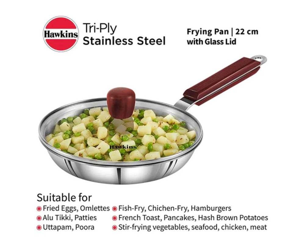 Hawkins Tri-Ply Stainless Steel Frying Pan with Glass Lid | Induction Compatible | Silver