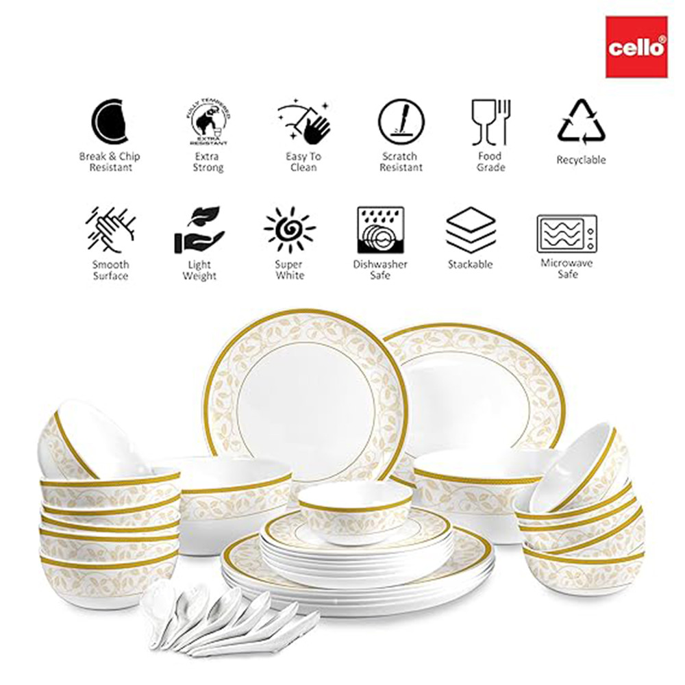 Cello Opalware Divine Series Royal Amber Dinner Set, 33 Units - Opal Glass Dinner Set for 6 - Crockery Set for Festive Ocassions, Parties - White Plate and Bowl Set