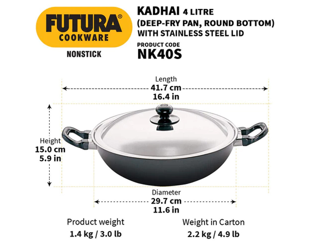 Hawkins Futura Non-Stick 4 Litre Kadhai (Deep-Fry Pan) with Steel Lid -| Black