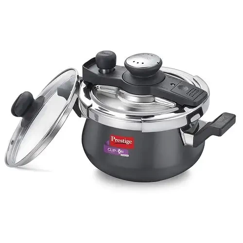 Prestige Clip-on Mini Svachh Hard Anodised Spillage Control Pressure Cooker with Glass Lid (Black) Handi