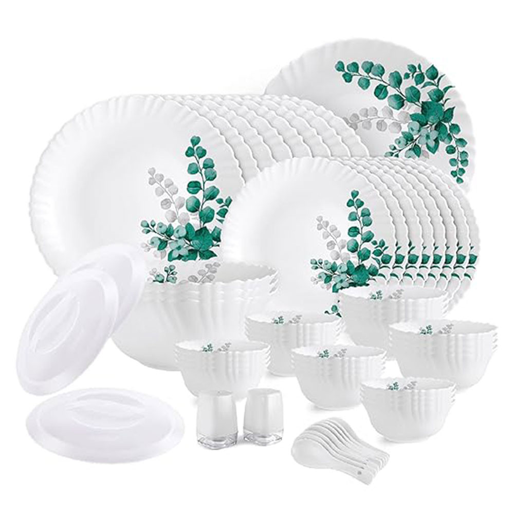 Cello Opalware Dazzle Series Aqua Leaves Dinner Set, 57Pcs  Opal Glass Dinner Set for 8  Light-Weight, Daily Use Crockery Set for Dining  White Plate and Bowl Set