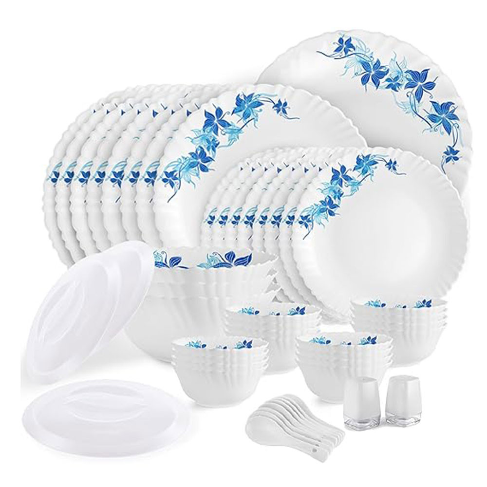 Cello Opalware Dazzle Series Blue Swirl Dinner Set, 49Pcs | Opal Glass Dinner Set for 8 | Light-Weight, Daily Use Crockery Set for Dining | White Plate and Bowl Set