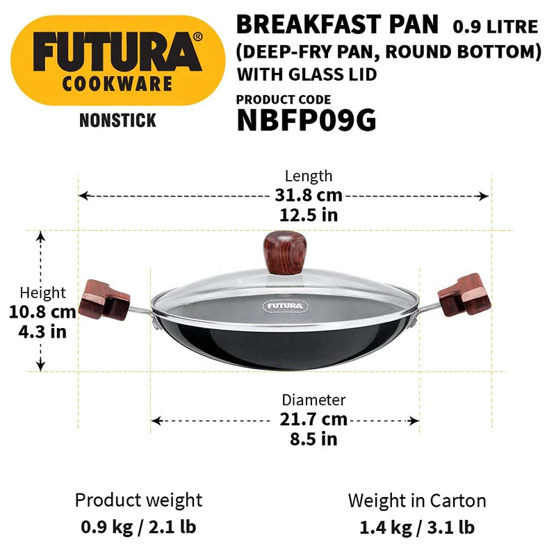 Hawkins Futura Non-Stick Deep Kadhai (Appachatty/breakfast) With Glass Lid 0.9ltr (Round Bottom) -Black