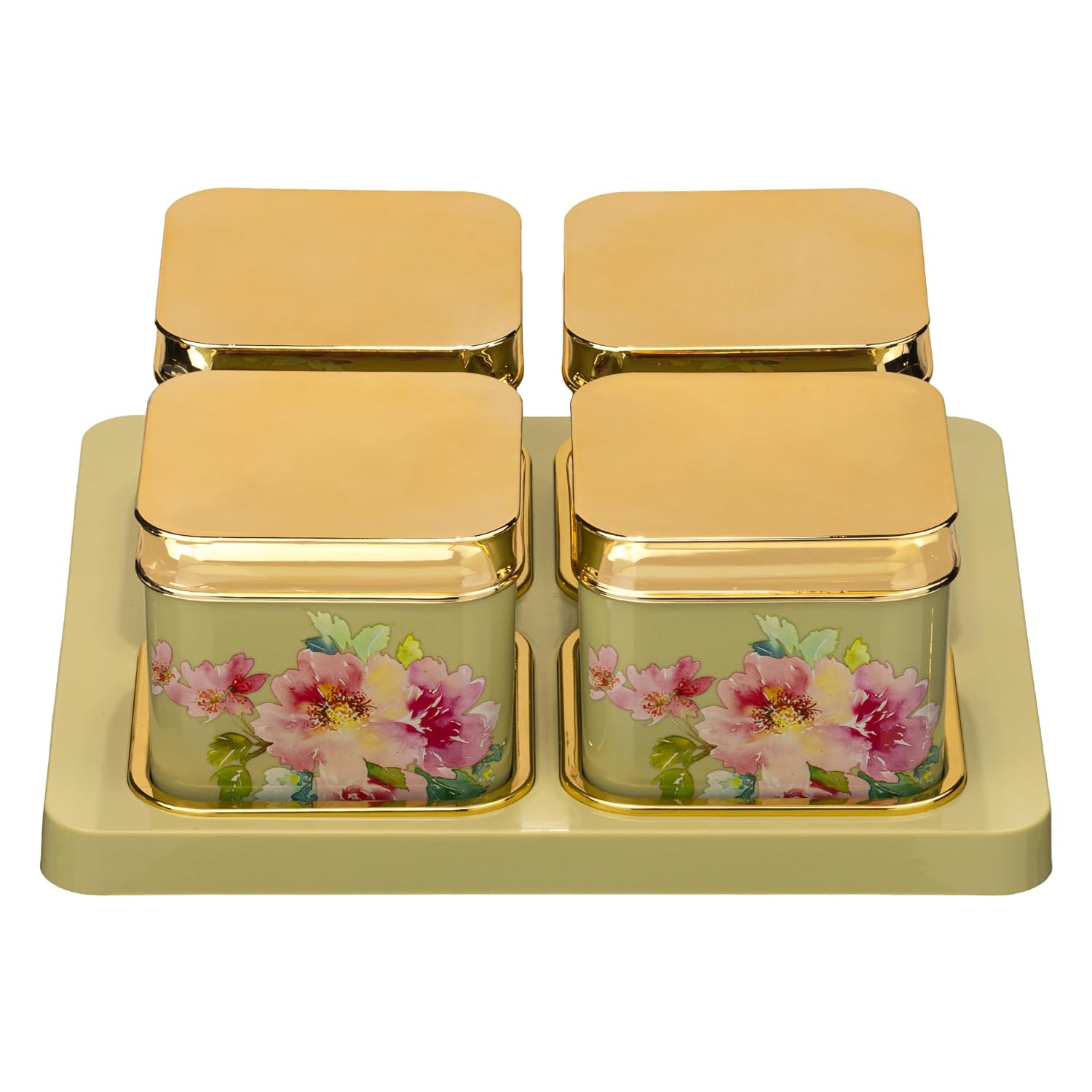 Selvel Giving Shape To Life! Floret Serving Set-4-Piece Airtight Dry Fruit Container Tray Set With Lid & Serving Tray (500Ml Each)-Bluish Grey,Flask Green,And Repose Gray