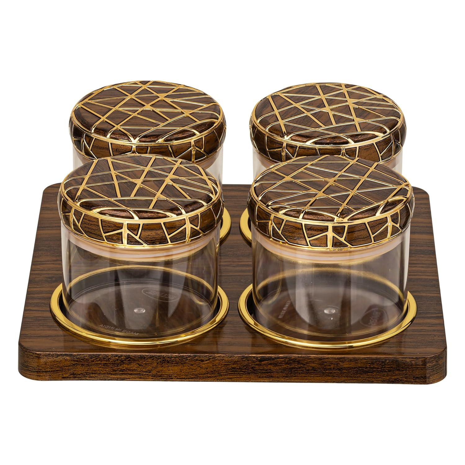 Selvel Giving Shape To Life! Rosewood Airtight Dry Fruit Container Tray Set - 4 Pieces (450Ml), Light Brown Wood & Dark Brown Wood Polypropylene With Luxurious Gold Foil Embellishments
