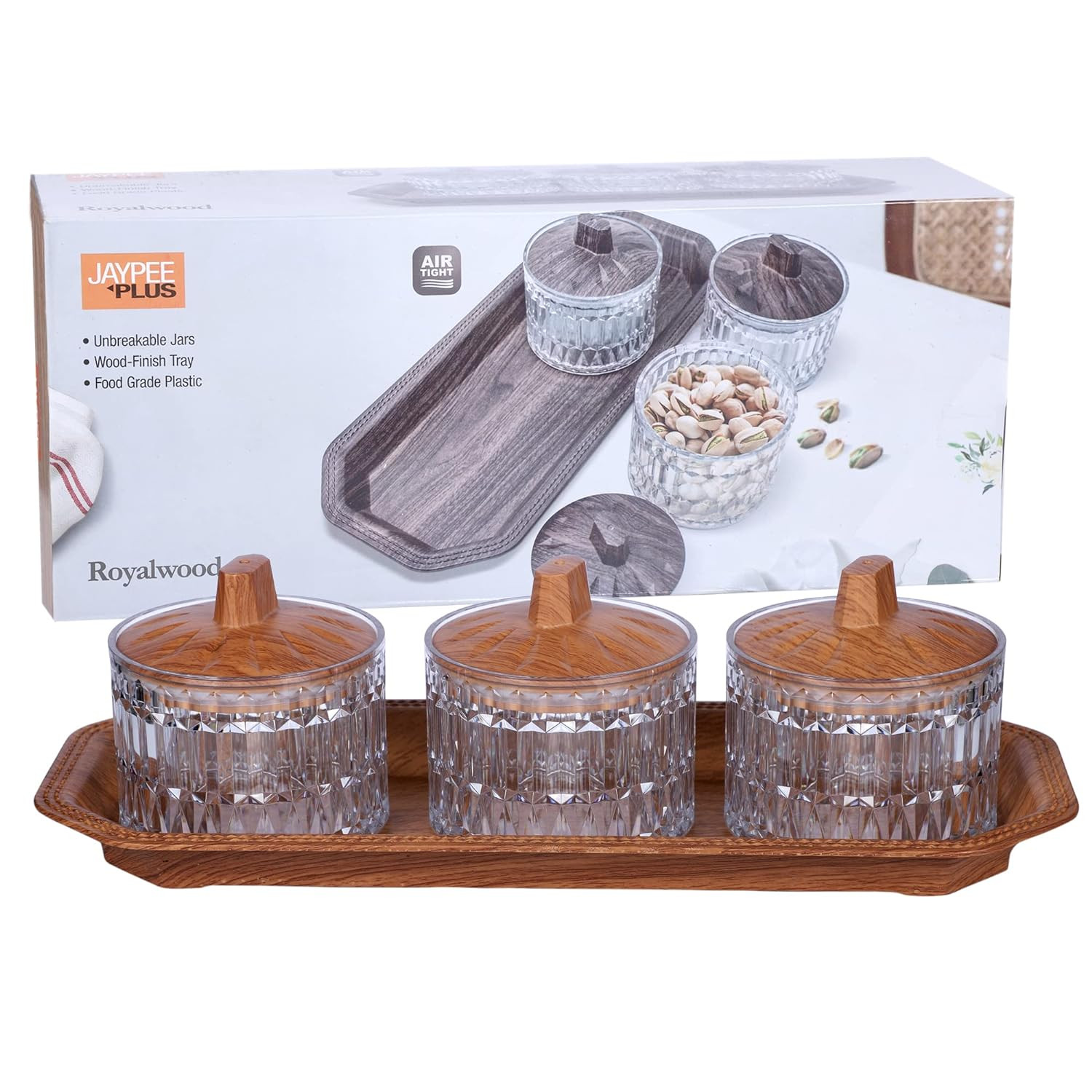 Jaypee Plus Royal Wood Premium Serving set unbreakable Airtight 3pcs Jar set with Light Wood-Finish Tray