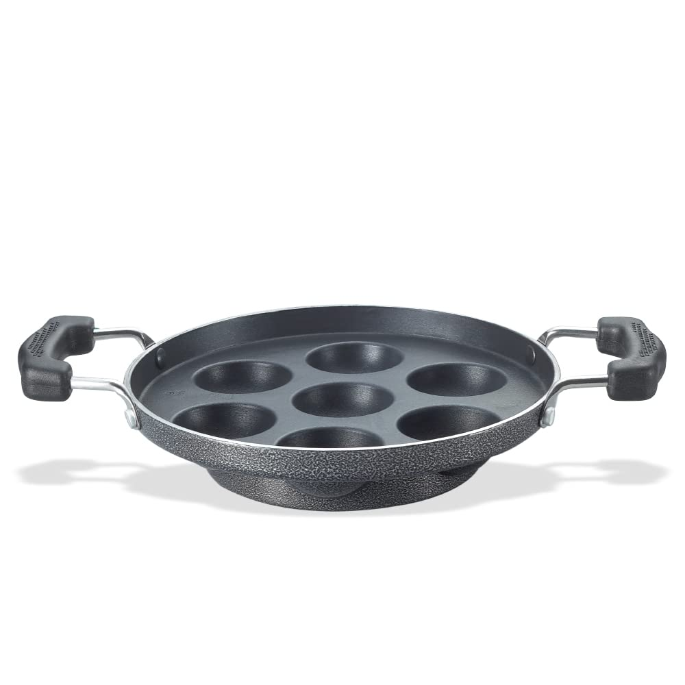 Prestige Omega Select Plus Non Stick Paniyarakkal | Glass Lid | Black | 7 Pits |Residue Free Coating |Metal Spoon Friendly | Ergonomic Handle