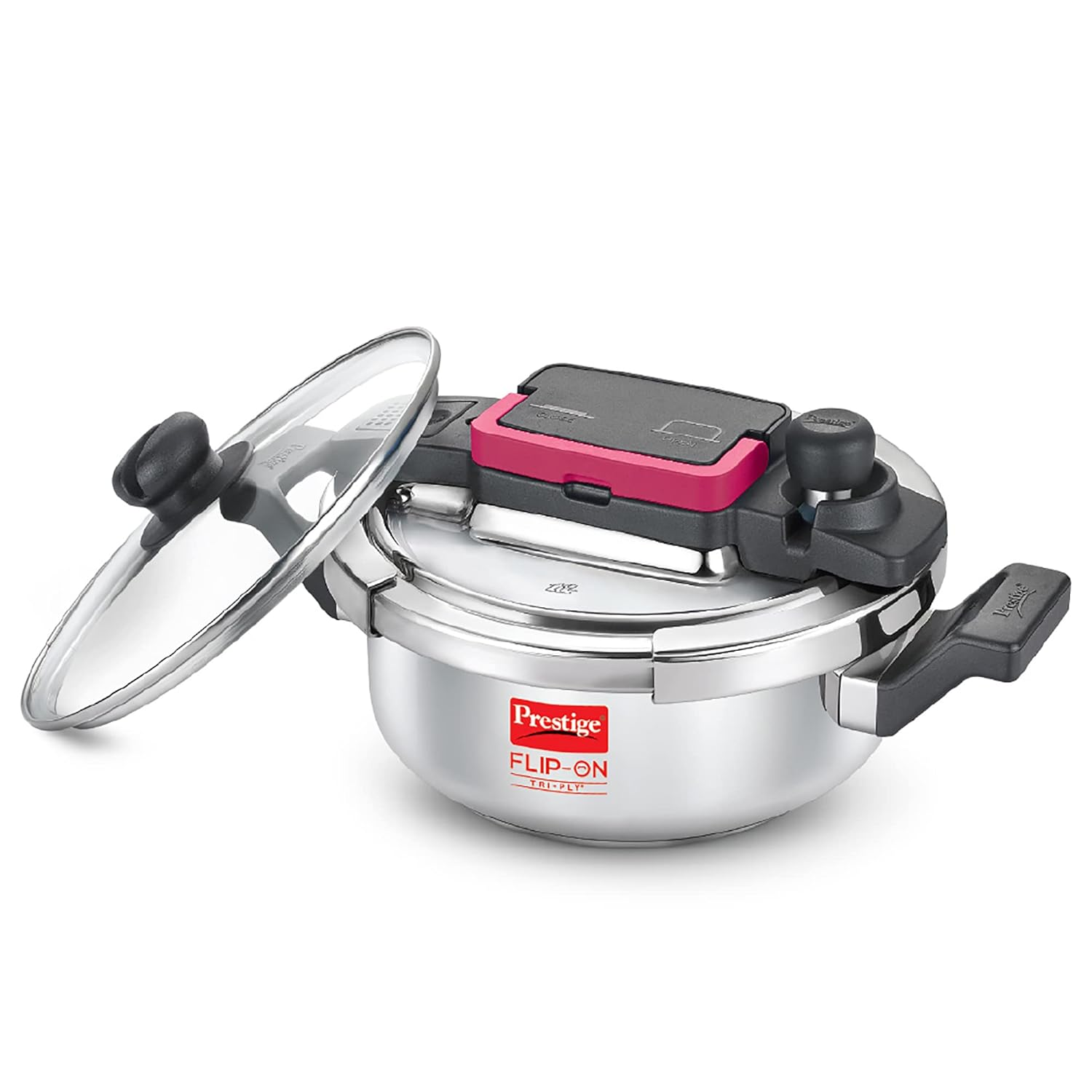 Prestige FLIP-ON TRI-PLY Stainless Steel Pressure Cooker with Glass Lid 18 cm(2L, 3L, Silver and Black, Innovative Lock Lid with Spillage Control)