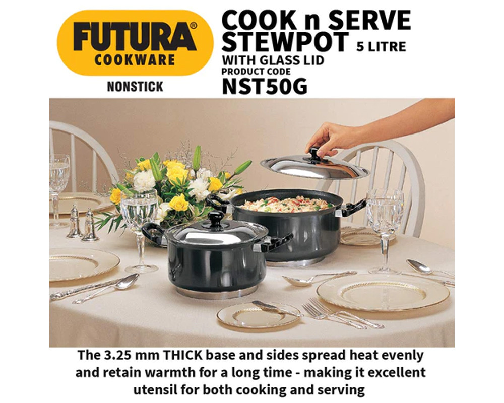 Hawkins Futura Non-Stick 5 Litres Stewpot with Glass Lid | -Black