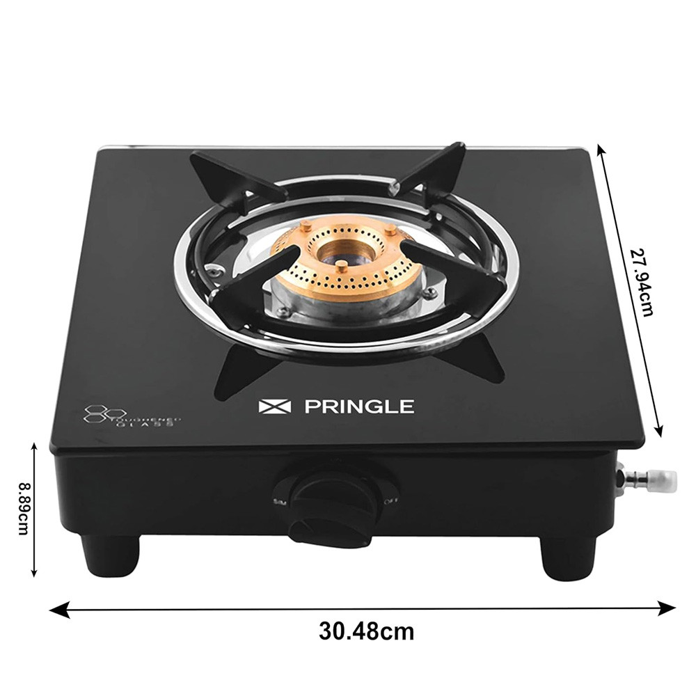 Pringle 1 Burner Toughened Glass Top Gas Stove: Effortless Cooking with High Efficiency Brass Burner, Pan Support, and 360-Degree Revolving Nozzle. Enjoy Peace of Mind with 24-Month Warranty, ISI Cert