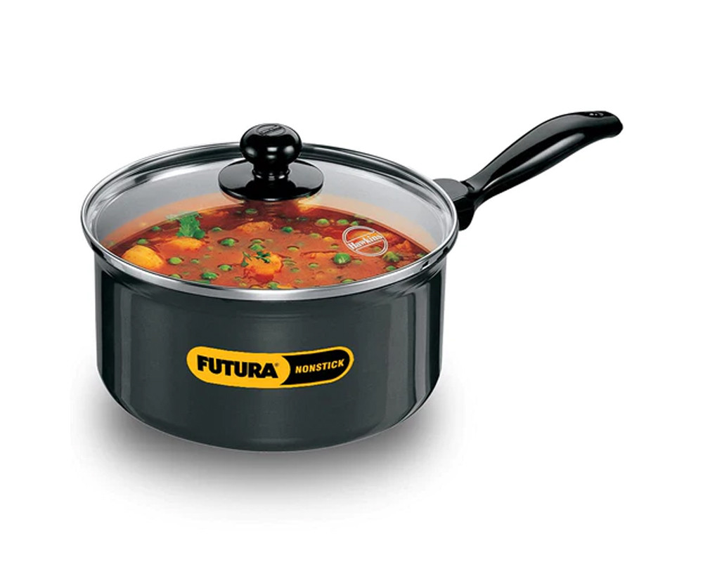 Hawkins Futura Non-Stick 3 Litre Sauce Pan with Glass Lid | Induction Compatible |- Black