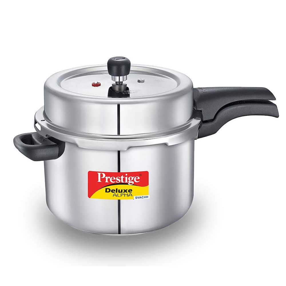 Prestige Svachh Deluxe Alpha Induction Base Outer Lid Stainless Steel Pressure Cooker | Deep Lid controls spillage| Silver | Straight Wall | Pressure Indicator | Gasket-release system
