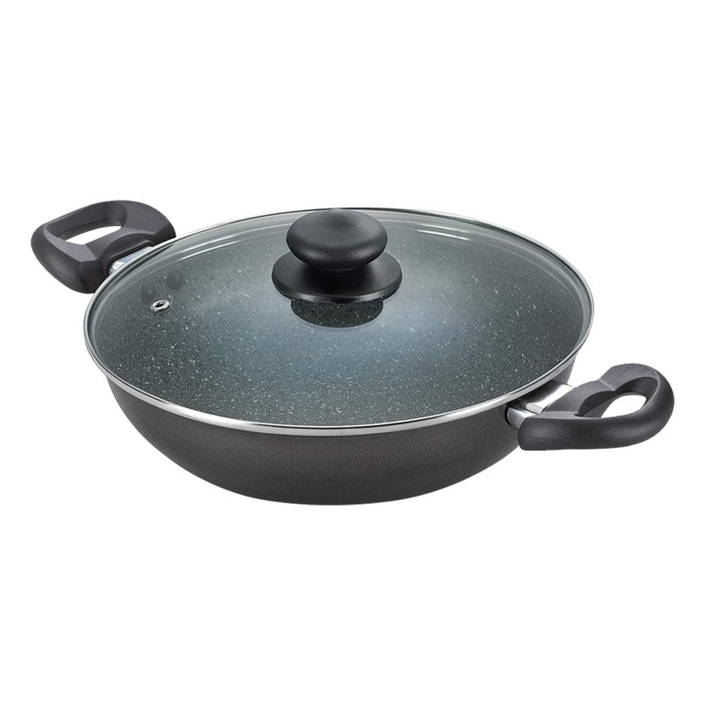 Prestige Omega Deluxe Non-Stick Kadhai | Black | Induction Base | Non-Stick Granite Finish | Scratch Resistant | Dishwasher Safe | Metal Spoon Friendly