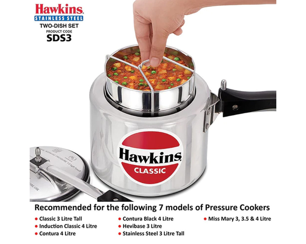 Hawkins Stainless Steel Two-Dish Set | Cooker Separator |- Silver