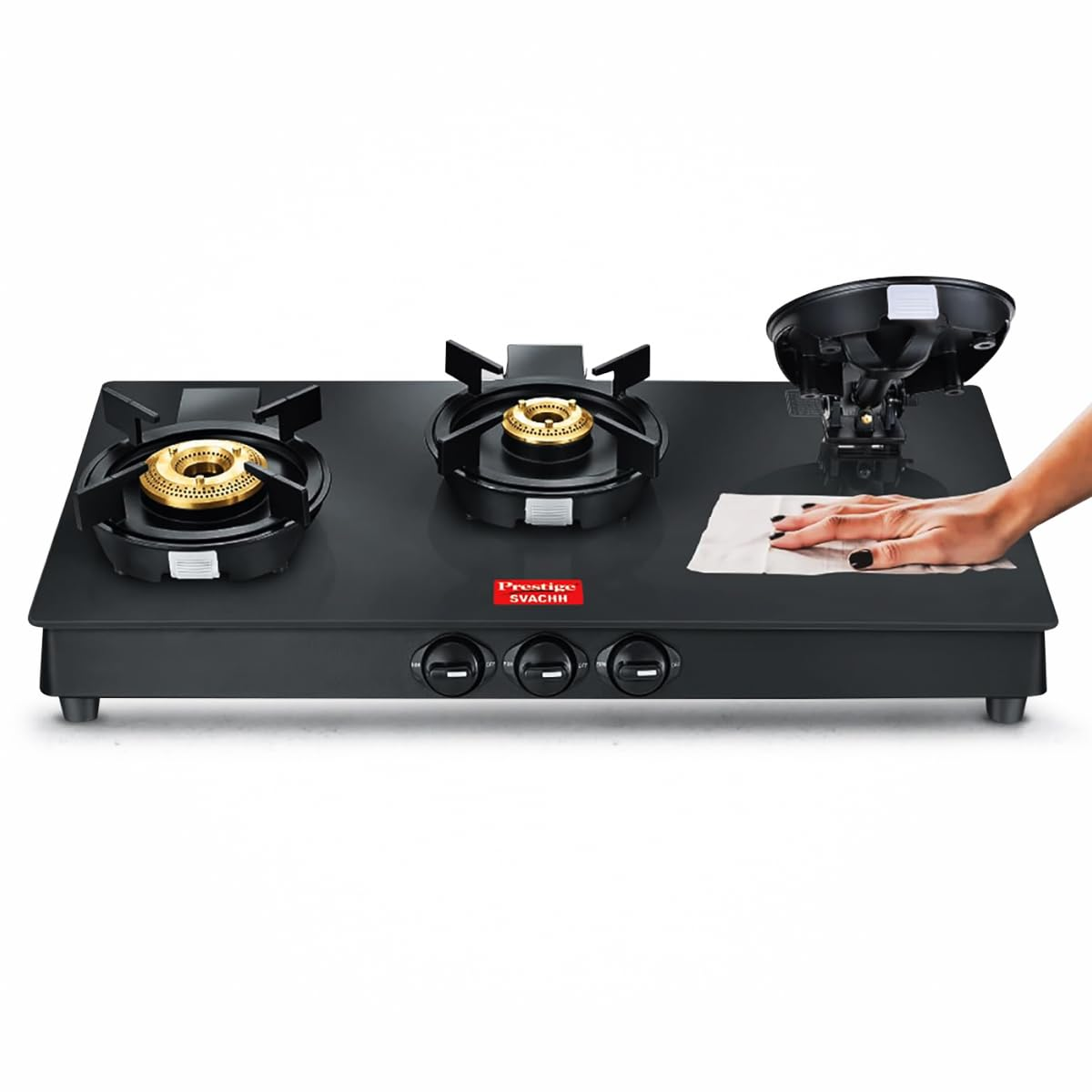 Prestige Svachh Neo Gtsn 03 Toughened Glasstop Gas Stove with Liftable 3 Burners (Black), Open