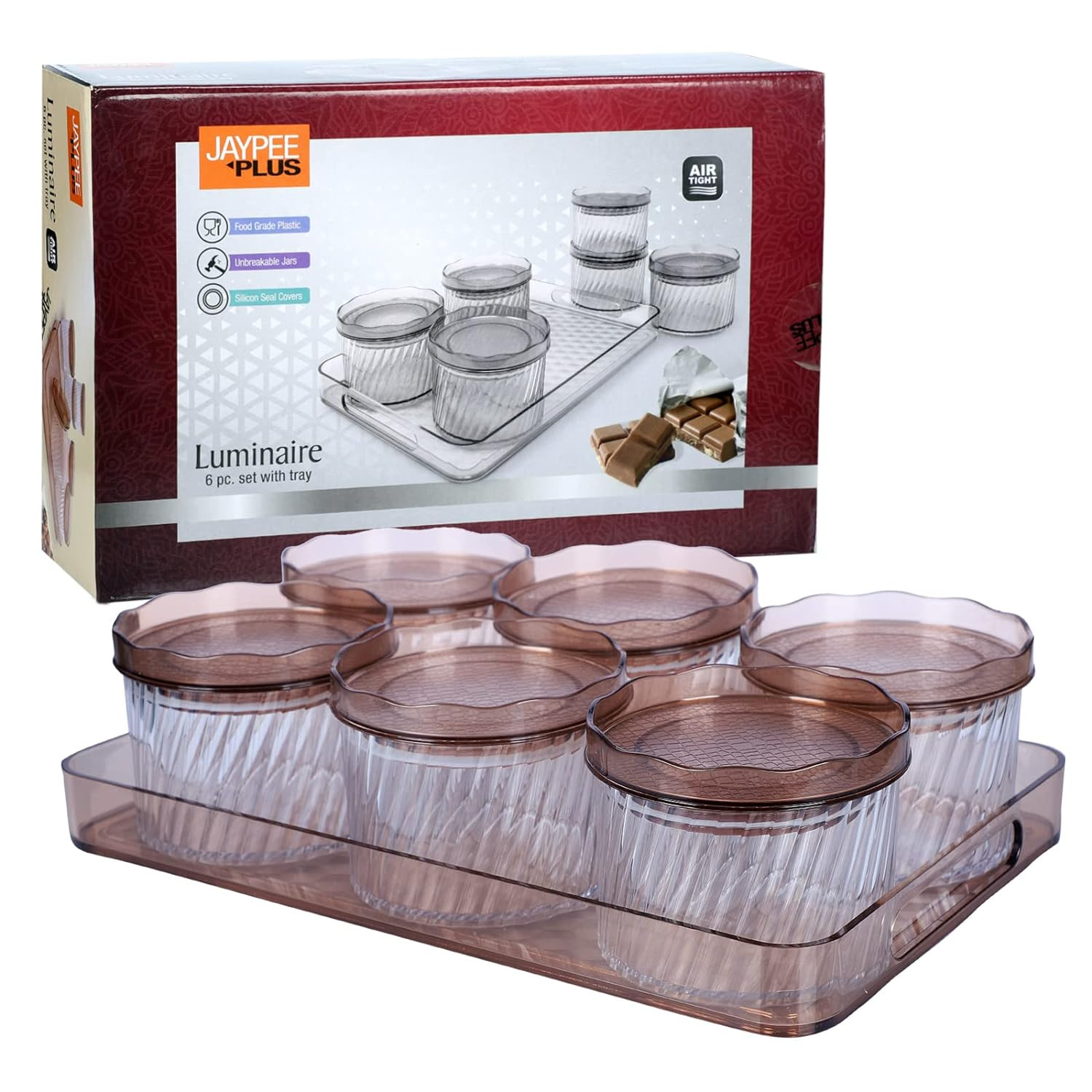 Jaypee Plus Luminaire Serving set unbreakable Airtight 6Pcs Jar Set With Tray Brown