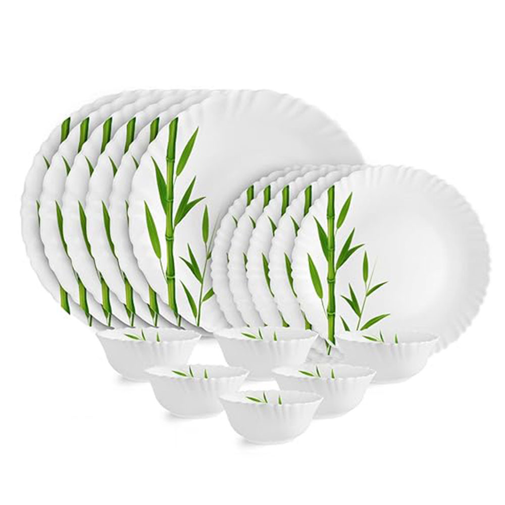 Cello Opalware Dazzle Series Bamboo Groove Dinner Set, 57Pcs  Opal Glass Dinner Set for 8  Light-Weight, Daily Use Crockery Set for Dining  White Plate and Bowl Set