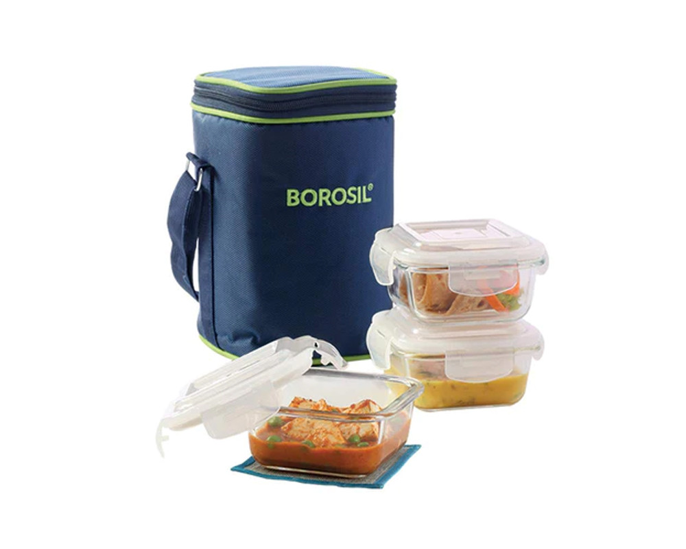 Borosil Glass Lunch Box Set of 3, 320 ml, Microwave Safe Office Tiffin (12 x 12 x 6.5 cm)