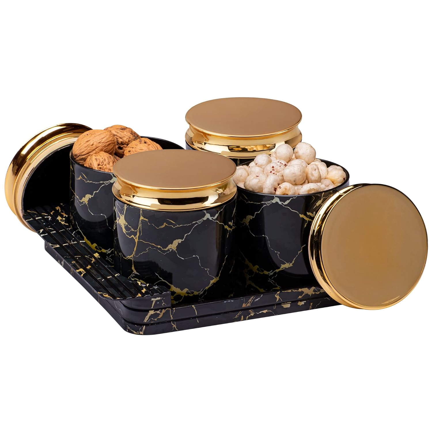SELVEL Giving shape to life! Airtight Dry Fruit Container Tray Set with Lid & Serving Tray, Box Set with Serving Tray for Serving (4 Pieces, Black, polypropylene)
