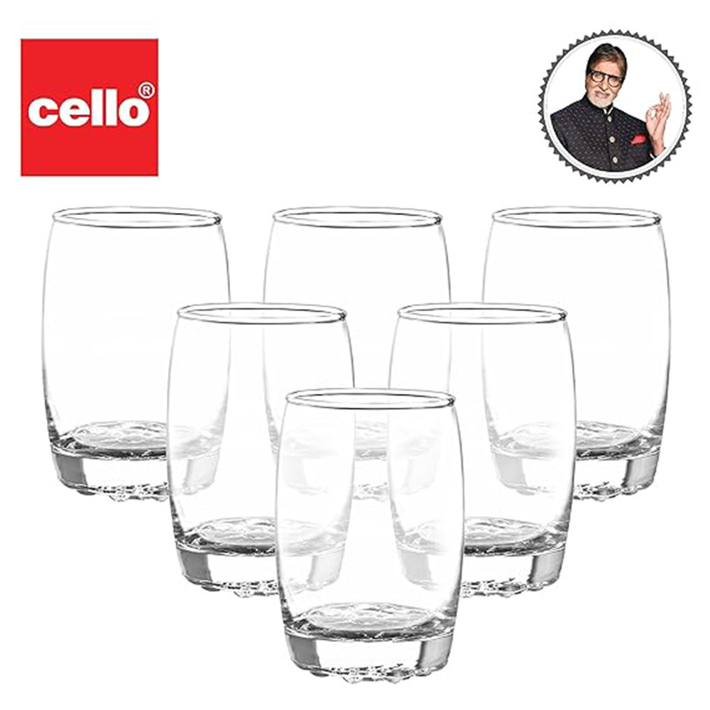 CELLO Amphio Glass Set, 265ml- Set of 6 Clear Glasses- Transparent Whisky Glass -Barware Glasses, Clear