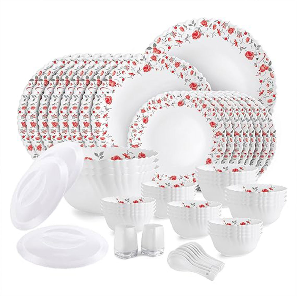 Cello Opalware Dazzle Series Red Rose Fantasy Dinner Set, 57Pcs  Opal Glass Dinner Set for 8  Light-Weight, Daily Use Crockery Set for Dining  White Plate and Bowl Set