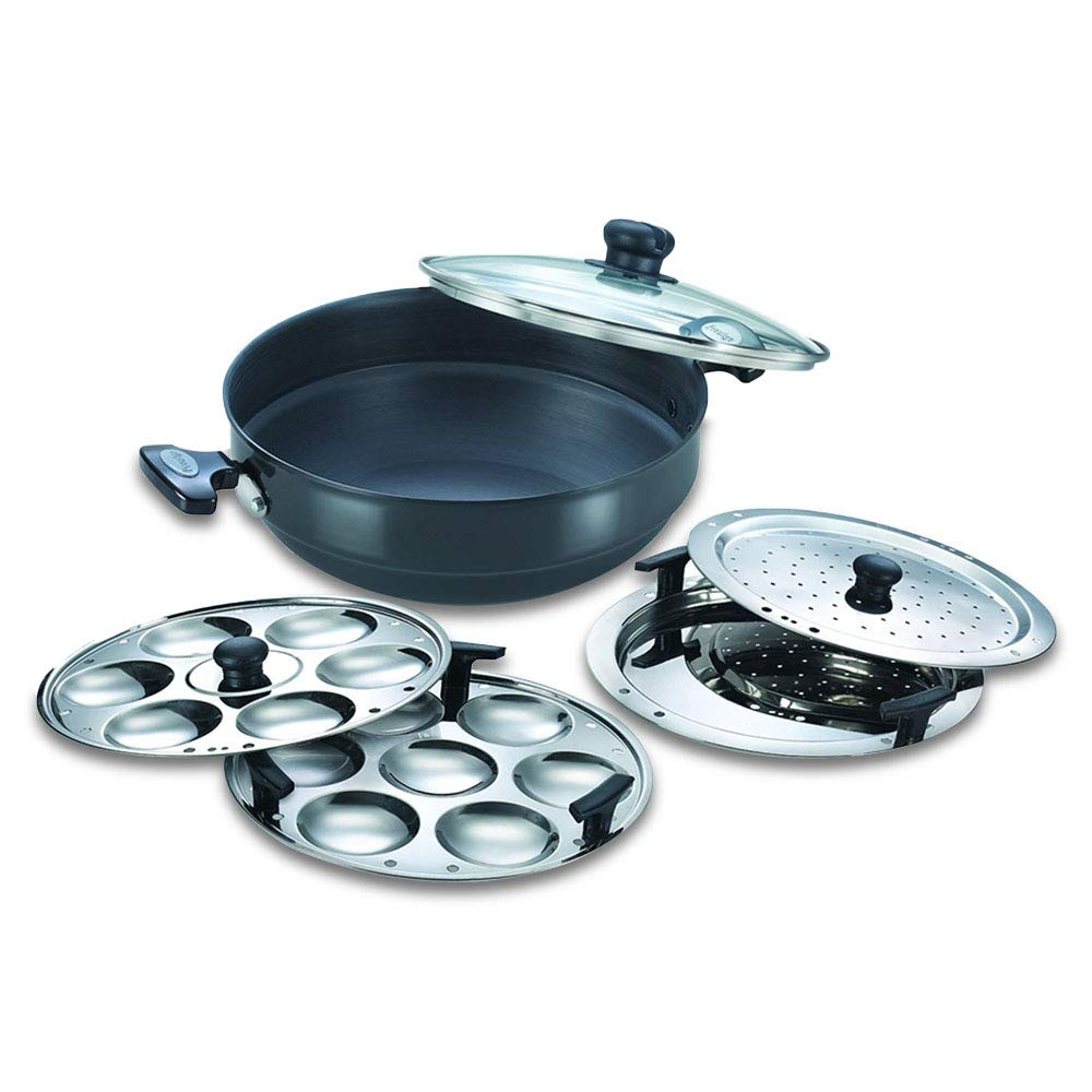 Prestige Hard Anodised Multi Kadhai | Black | Induction Base | Multi-Purpose Accesories - Idli Stand, Dhokla Stand and Steamer | Round Bottom | Durable Handles