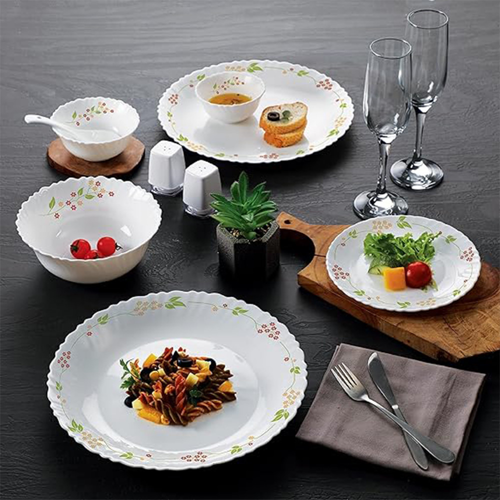 Cello Opalware Dazzle Series Secret Garden Dinner Set, 49Pcs - Opal Glass Dinner Set for 8 - Light-Weight, Daily Use Crockery Set for Dining - White Plate and Bowl Set
