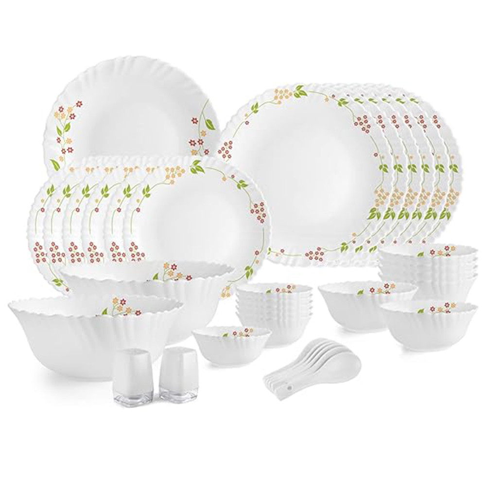 Cello Opalware Dazzle Series Secret Garden Dinner Set, 35 Units - Opal Glass Dinner Set for 6 - Light-Weight, Daily Use Crockery Set for Dining - White Plate and Bowl Set