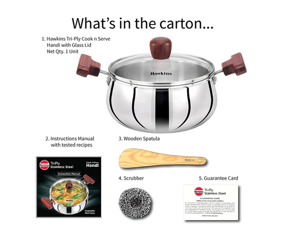 Hawkins Tri-Ply Stainless Steel Cook and Serve Handi with Glass Lid | Induction Compatible |- Silver