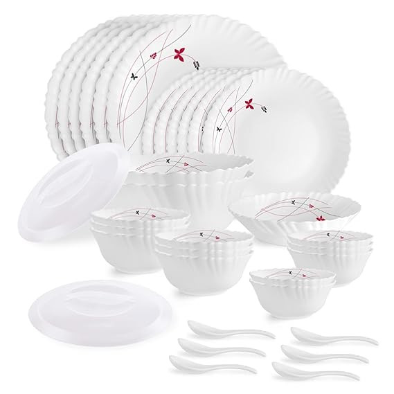 Cello Opal ware Dazzle Series Lush Fiesta Dinner Set, 35 Units | Opal Glass Dinner Set for 6 | Light-Weight, Daily Use Crockery Set for Dining | White Plate and Multipurpose Bowl Set