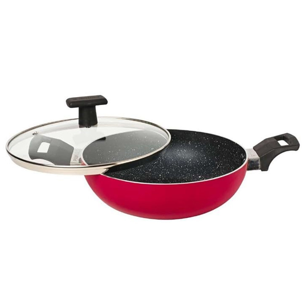 PRINGLE Glaze Cookware Nonstick 2.5 Litre Shallow Kadhai, Induction Kadhai with Glass Lid- Granite Kadai-260MM