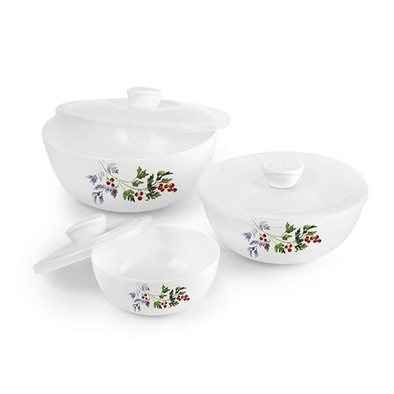 CELLO Opalware Royale Mixing Bowls with Lids - 3 Units, Blooming Garden, White