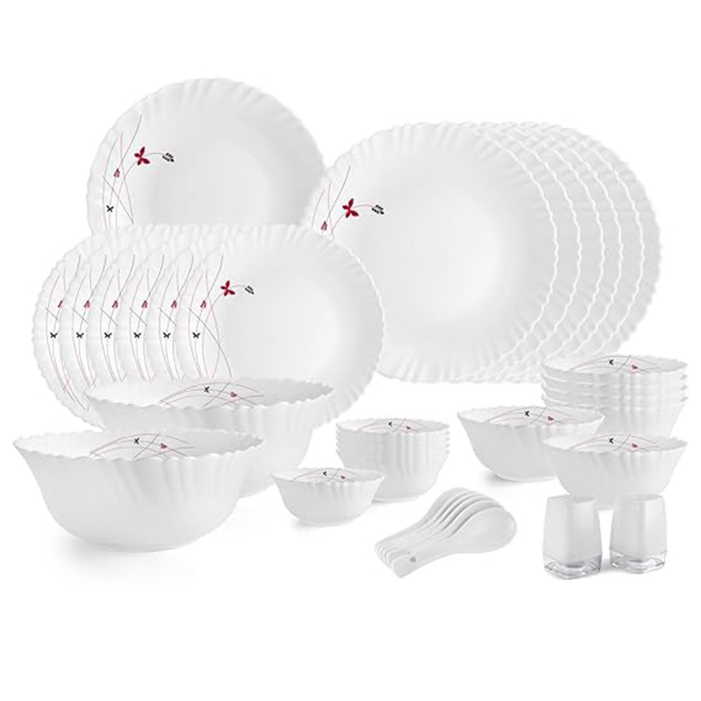 Cello Opalware Dazzle Series Lush Fiesta Dinner Set, 35 Units - Opal Glass Dinner Set for 6 - Light-Weight, Daily Use Crockery Set for Dining - White Plate and Bowl Set