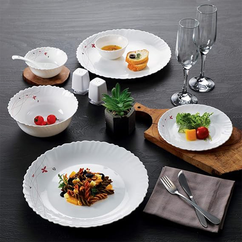 Cello Opalware Dazzle Series Lush Fiesta Dinner Set, 27Pcs - Opal Glass Dinner Set for 6 - Light-Weight, Daily Use Crockery Set for Dining - White Plate and Bowl Set