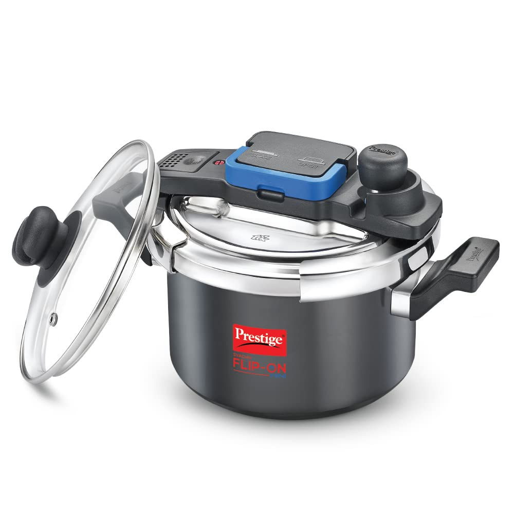 Prestige Svachh Flip-on Mini Hard Anodised Spillage Control Outer Lid Pressure Cooker with Glass Lid (Black)