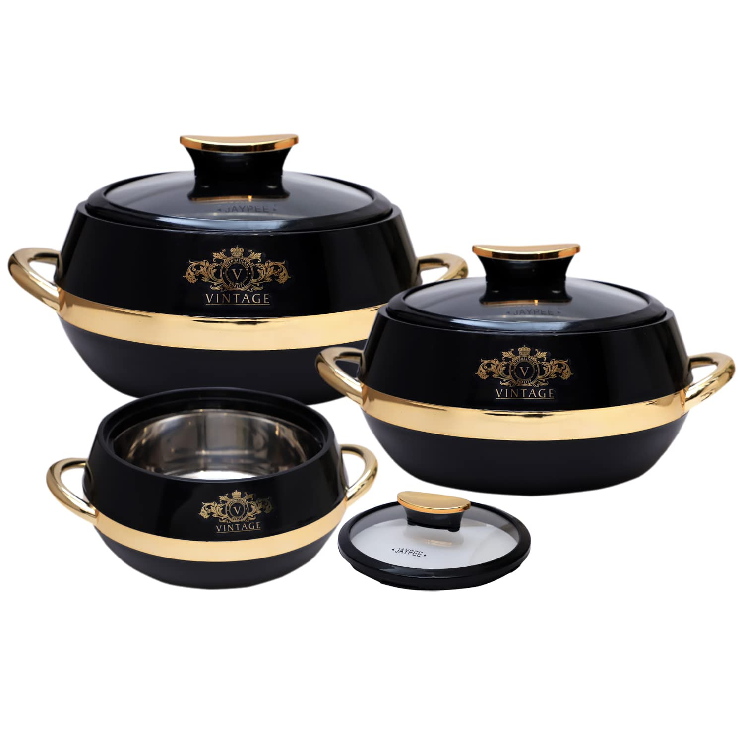 JAYPEE Vintage Set of 3 Casserole 2000 ml, 1500 ml and 1000 ml Black Casserole Set Stainless Steel
