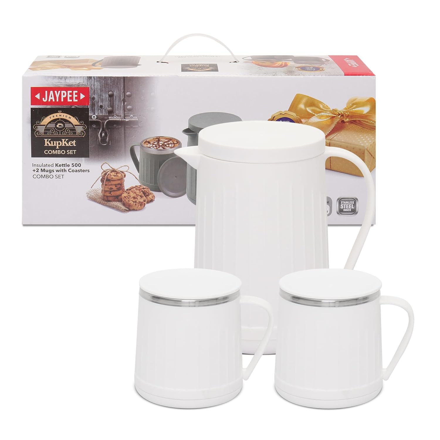 Jaypee Kupket Inner Insulated stainless steel Jug with 2 Cup coasters Set for Coffee Tea Hot and Cold, Cordless kettle, White