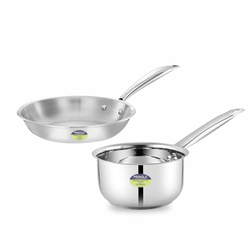 PRINGLE Cookeasy Stainless Steel 2pc Cookware Set with 3 ply clad Construction Bottom- 1pc 16cm Saucepan and 1pc 22cm Fry Pan for Home & Kitchen.