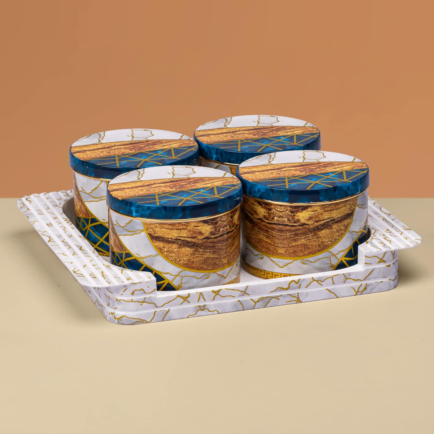 SELVEL Giving shape to life! Airtight Dry Fruit Container Tray Set with Lid & Serving Tray, Box Set with Serving Tray for Serving (4 Pieces, Blue, polypropylene)
