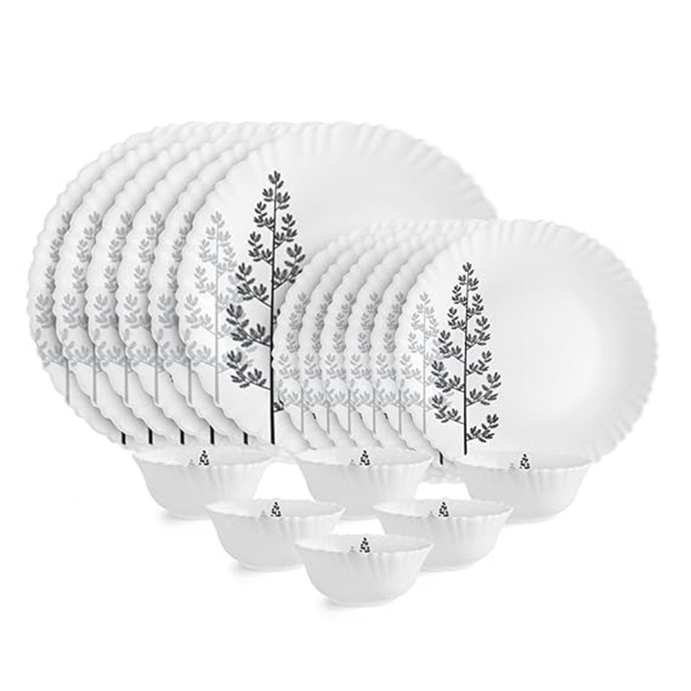 Cello Opalware Dazzle Series Winter Pine Dinner Set, 18 Units - Opal Glass Dinner Set for 6 - Light-Weight, Daily Use Crockery Set for Dining -White Plate and Bowl Set